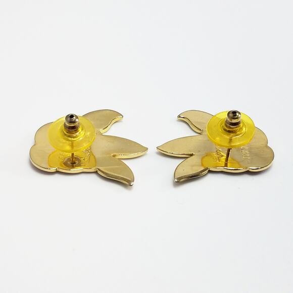 Vintage Laurel Burch "Deco Rose" Earrings, Gold Cloisonne Posts, Gold Plated - Picture 7 of 10